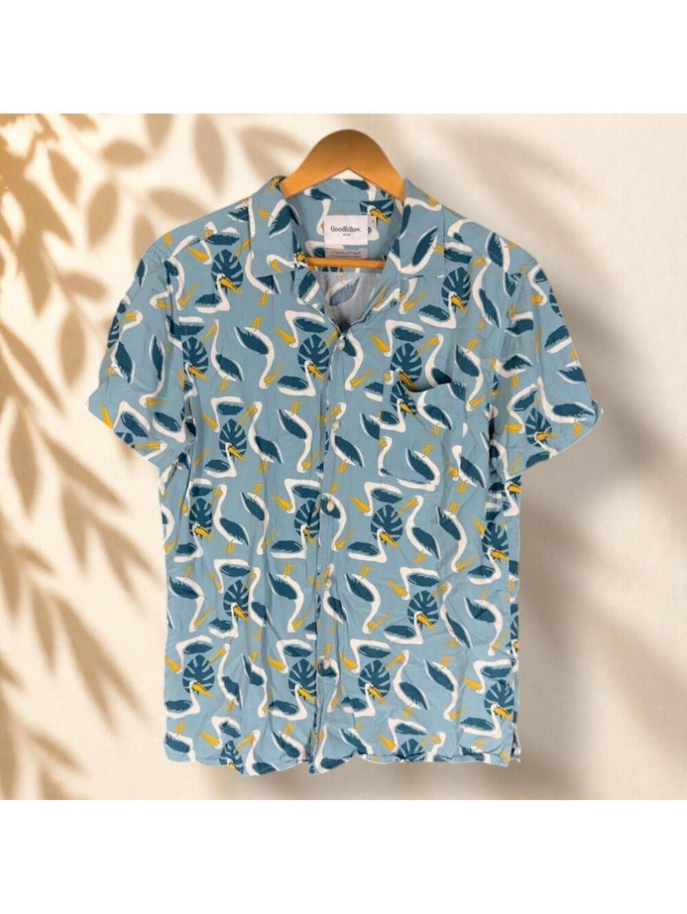 Goodfellow & Co Shirt Men M Medium Blue Graphic Print Collared Button Up Rayon